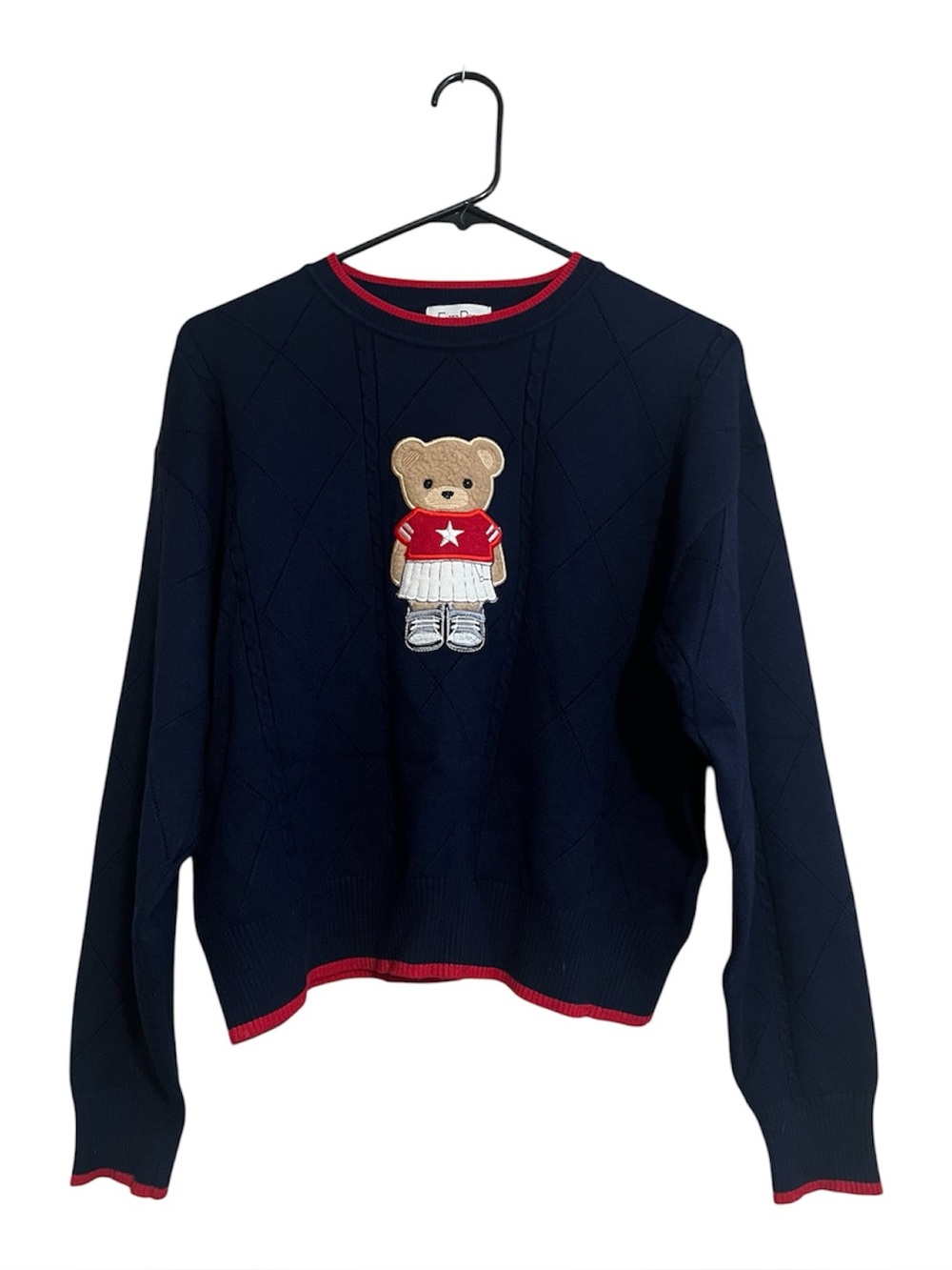 Faded Rose Navy Teddy Bear Knit Crewneck Sweater with Red Trim Sz S